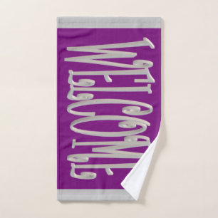 Welcome guest design colors grey purple hand towel