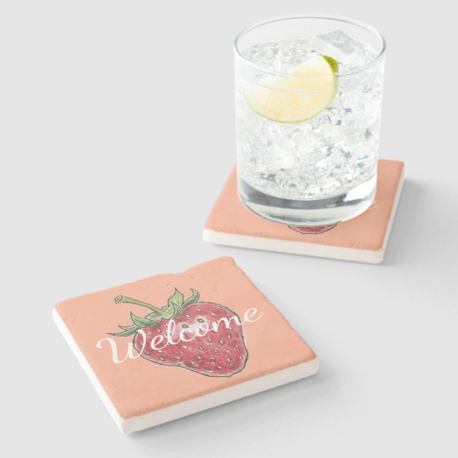 Welcome hand drawn strawberry pink red modern stone coaster (Side)