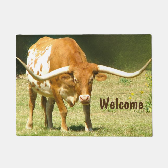 Welcome Handsome Texas Longhorn Doormat (Front)