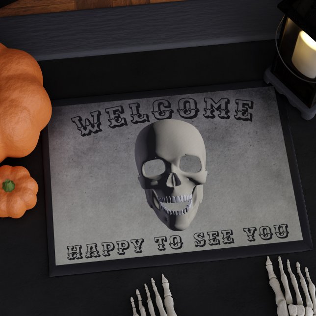 Welcome Happy to See You Skull Spooky Halloween Doormat (Welcome Happy to See You Skull Spooky Halloween Doormat with space for your text)