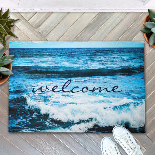 "Welcome" Hawaii Turquoise Blue Ocean Waves Photo Doormat