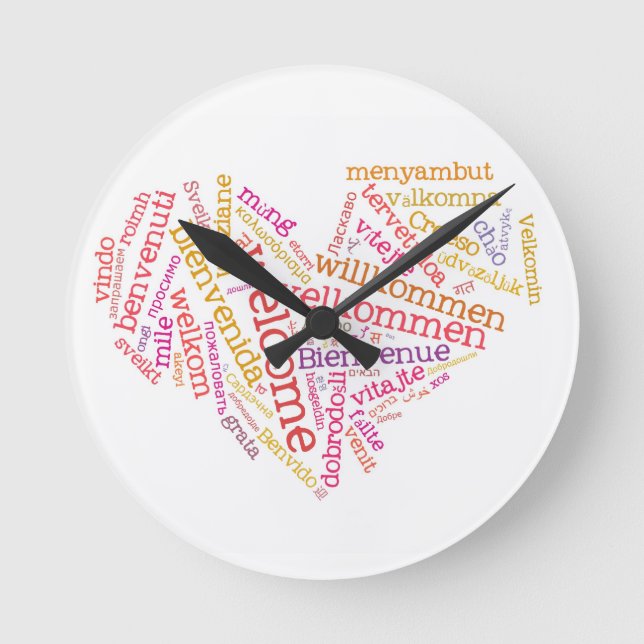 Welcome Heart (many languages) Wall Clock (Front)