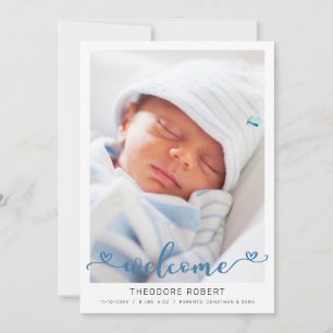 Welcome Heart Typograpy Baby Boy Photo Announcement
