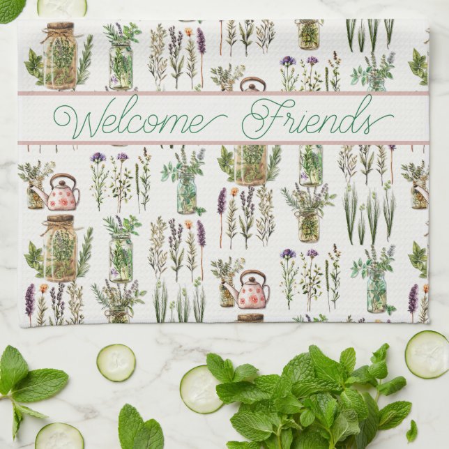 Welcome Herbs and Teapots Kitchen Dish Towel (Folded)