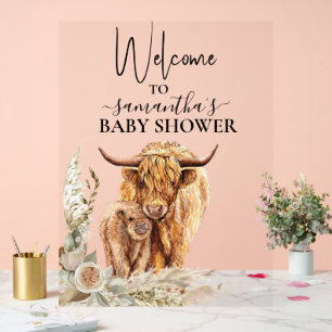 Welcome Highland Cow Calf Baby Shower Boho Acrylic Sign