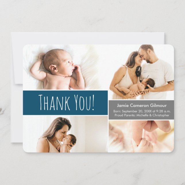  Welcome Home Baby boy Photo Collage Dark blue Thank You Card (Front)