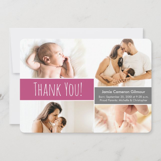  Welcome Home Baby Girl Photo Collage Pink Thank You Card (Front)
