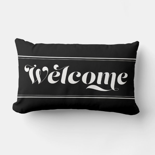 Welcome Home Black & White Script Chic Calligraphy Lumbar Cushion (Front)