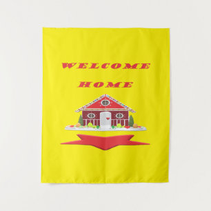 WELCOME HOME BRIGHT RED AND YELLOW HAPPY CUTE PIC TAPESTRY