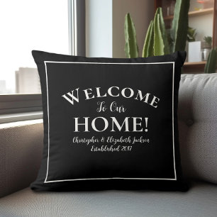 Welcome Home Custom Black & White Chic Calligraphy Cushion