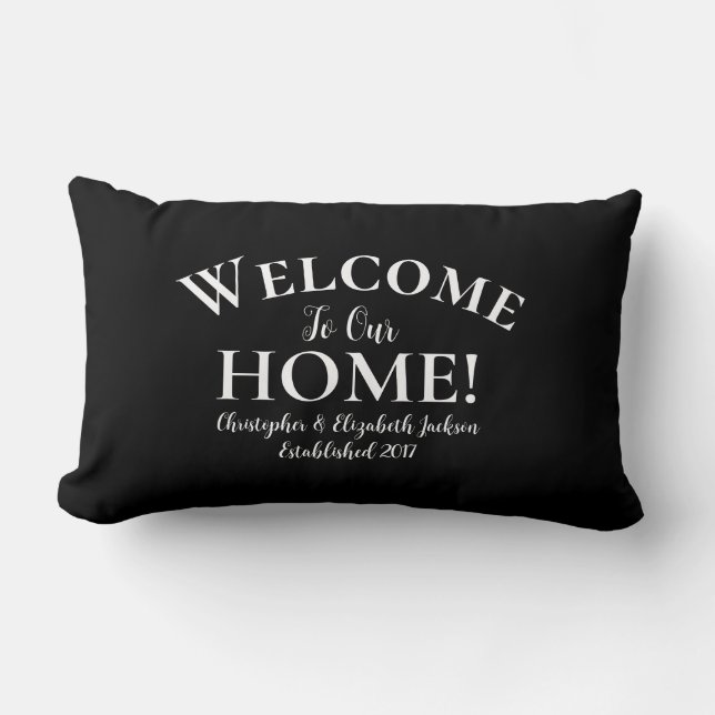 Welcome Home Custom Elegant Calligraphy Chic Black Lumbar Cushion (Front)