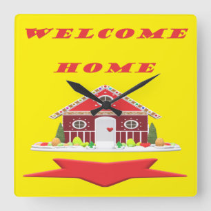 Welcome home design bright yellow and red picture square wall clock