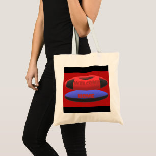 welcome home design red navy blue with text words tote bag