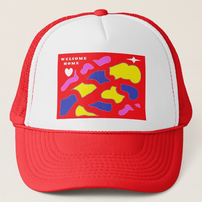 Welcome home dsigned for you red and yellow loud trucker hat (Front)