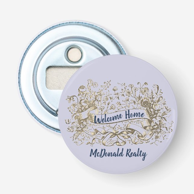 Welcome Home Gold Floral Banner Realtor Promo Bottle Opener (Front)