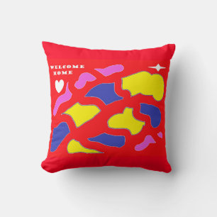Welcome Home Message happy red with patterns Cushion