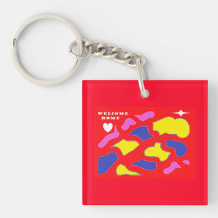 Welcome Home Message happy red with patterns  Key Ring