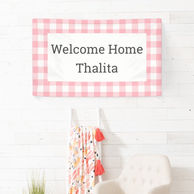 Welcome Home Name Pink and White Buffalo Check Banner (Insitu)