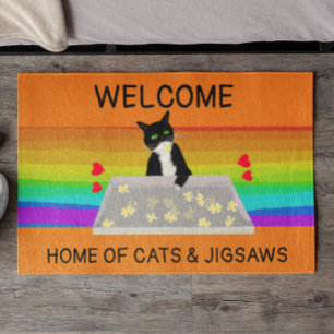 Welcome home of cats and jigsaws puzzle  doormat