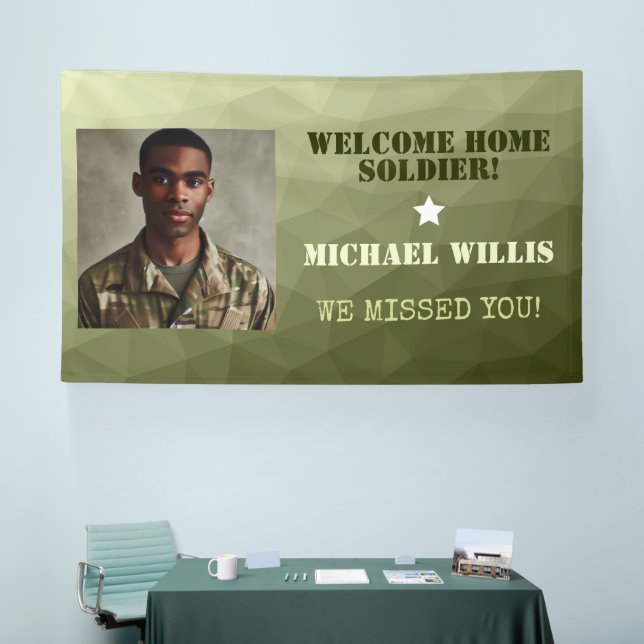  Welcome home Soldier Custom name Photo Army green Banner (Tradeshow)