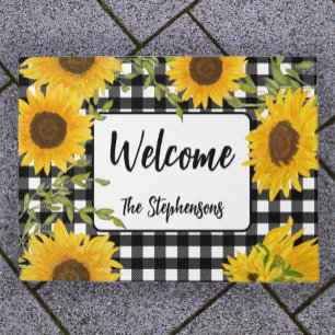 Welcome Home Sunflowers Plaid Custom Name Doormat