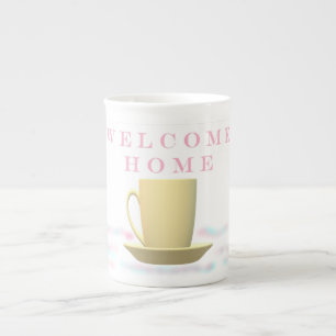WELCOME HOME TEACUP DESIGN IN PASTEL COLORS BONE CHINA MUG