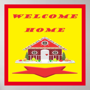 Welcome home with house red yellow colours poster