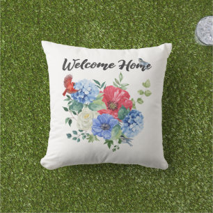 Welcome Home with Red/White/Blue Flowers & Birds Cushion