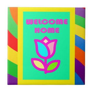 WELCOME HOME WITH STRIPES AND FLOWER PATTERN CERAMIC TILE