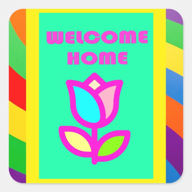 WELCOME HOME WITH STRIPES AND FLOWER PATTERN SQUARE STICKER (Front)