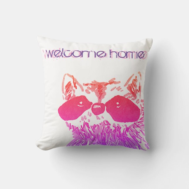 Welcome Home Woodland Pink Racoon Cushion (Front)