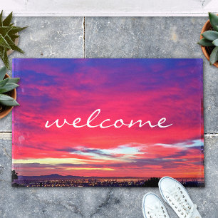 Welcome Hot Pink Blue Clouds Sunset Photo Modern Doormat