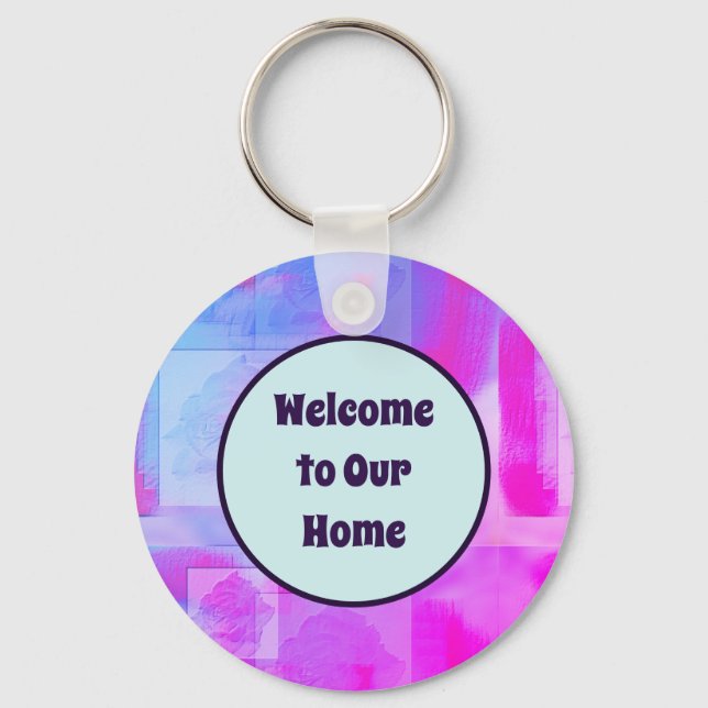 Welcome House Guest Vacation Abstract Floral Key Ring (Front)