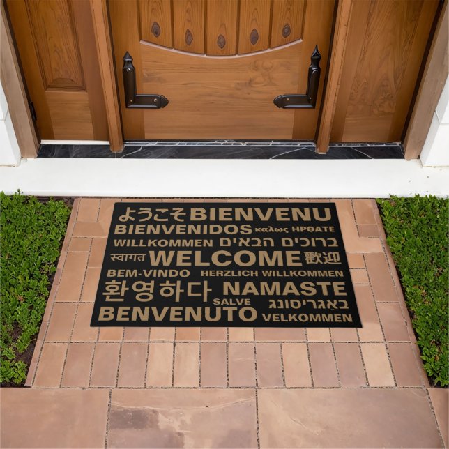 Welcome in different languages gold black modern doormat (Outdoor)