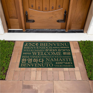 Welcome in different languages green gold elegant doormat