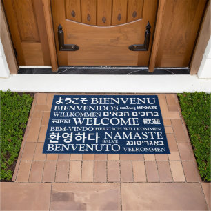 Welcome in different languages navy blue elegant doormat