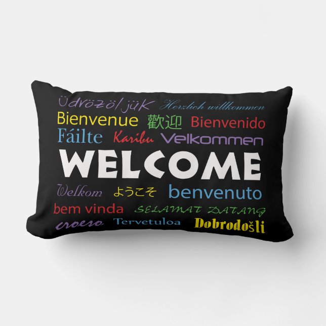Welcome in Many Languages Black Colourful Lumbar Cushion (Front)