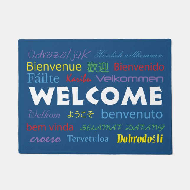 Welcome in Many Languages Blue Background Doormat (Front)
