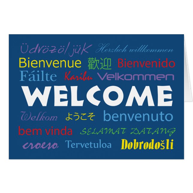Welcome in Many Languages Blue Personalise (Front Horizontal)