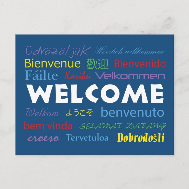Welcome in Many Languages Blue White Postcard (Front)