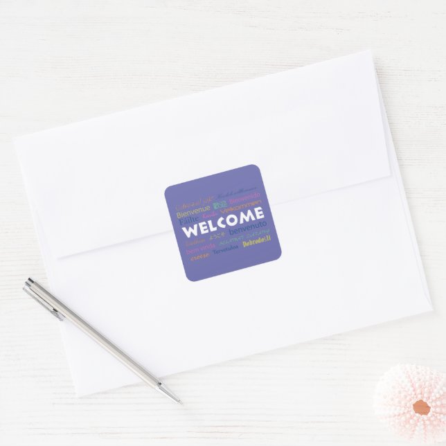 Welcome in Many Languages Colourful Peri Modern  Square Sticker (Envelope)