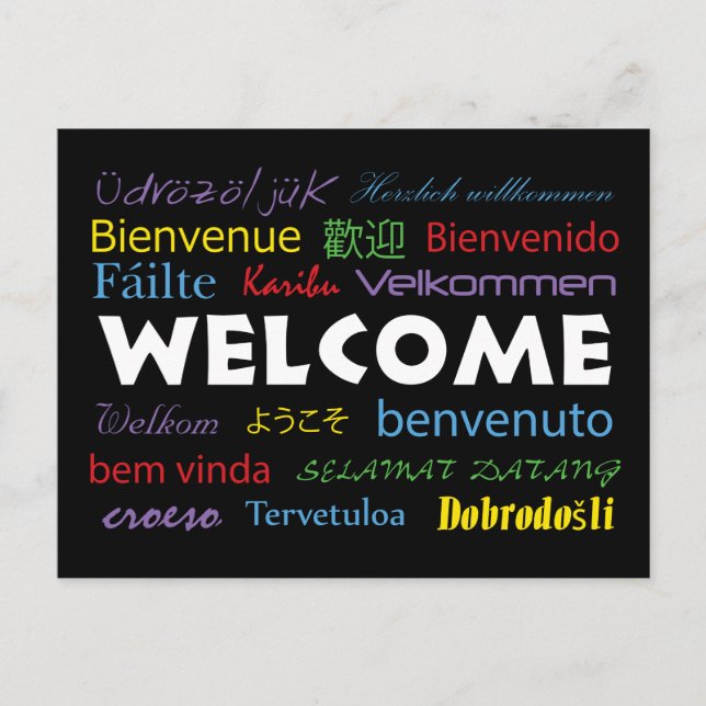 Welcome in Many Languages Colourful Postcard (Front)