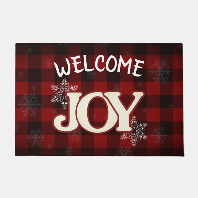 WELCOME JOY Elegant Red buffalo plaid Christmas Doormat (Front)