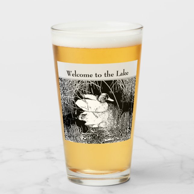 Welcome Lake House Duck Photo Black White Nature Glass (Front Filled)
