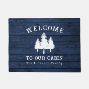 Welcome Lake House Rustic Trees Blue Wood Print Doormat