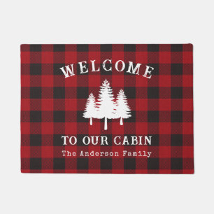Welcome Lake House Trees Red Buffalo Plaid Doormat