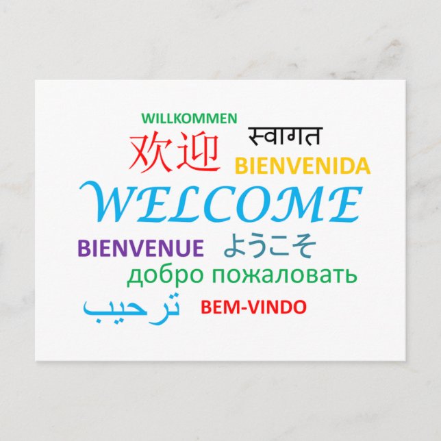 WELCOME LANGUAGES COLOURFUL GREETINGS POSTCARD (Front)