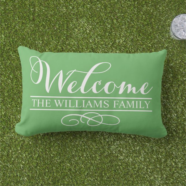 Welcome Leaf Green Custom Last Name Lumbar Cushion (Grass)