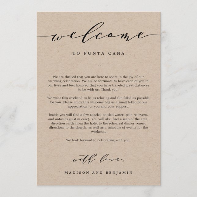 Welcome Letter and Itinerary Wedding Welcome Bag Program (Front)