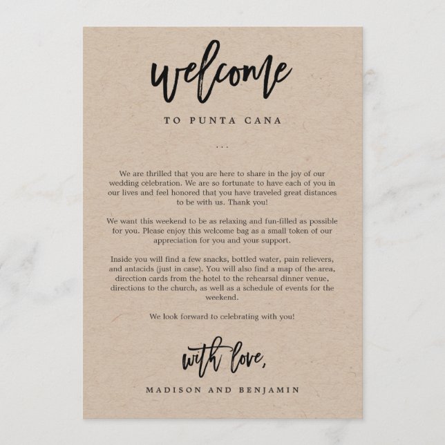 Welcome Letter and Itinerary Wedding Welcome Bag Program (Front)
